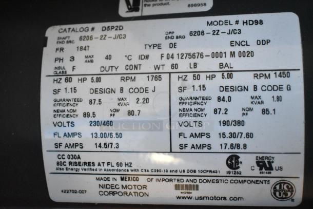 Nema HD98 Motor, 230/460V, 3-Phase, Model HD98, 5 HP, 1765 RPM, duty continuous, design B, label details specs and efficiency.