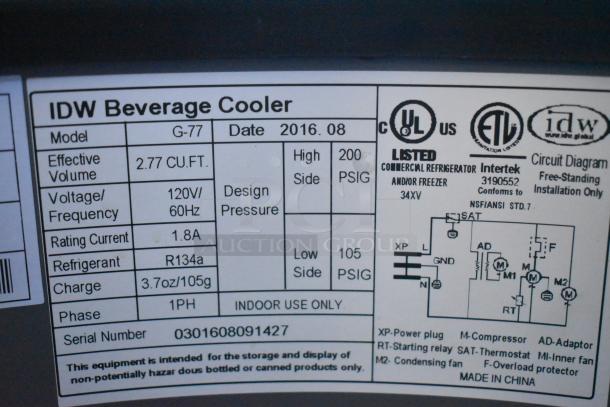IDW G-77 Metal Bottle Cooler label, 2.77 CU.FT. volume, 120V, 60Hz, R134a refrigerant, for indoor use only.