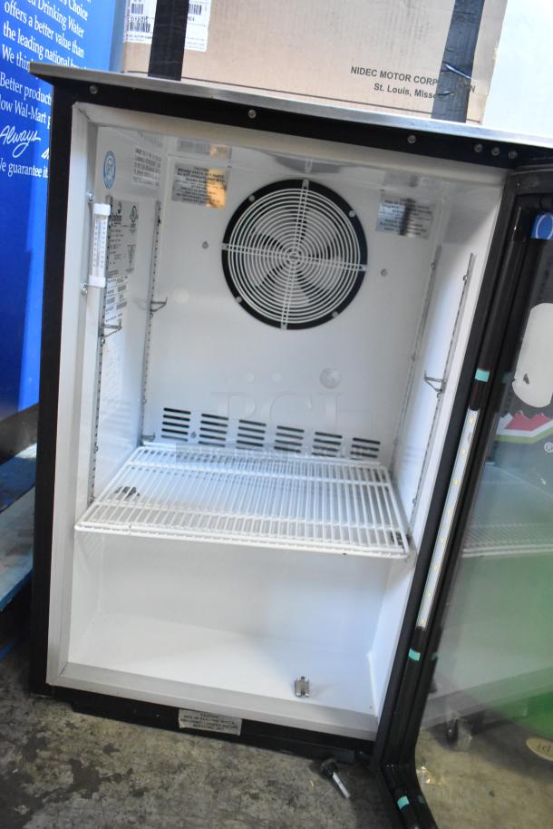 Imbera EVC04 Commercial Mini Cooler, metal frame, 115V, 1 phase, open door showing interior shelves and fan, in good condition.