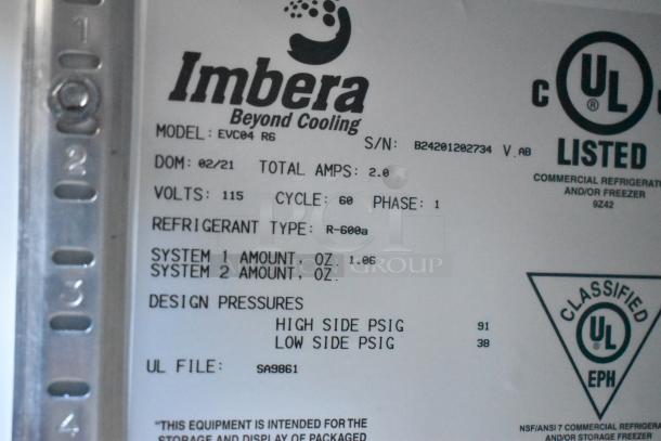 Imbera EVC04 Mini Cooler Merchandiser label, details voltage 115V, refrigerant R-600a, UL listed for commercial use.