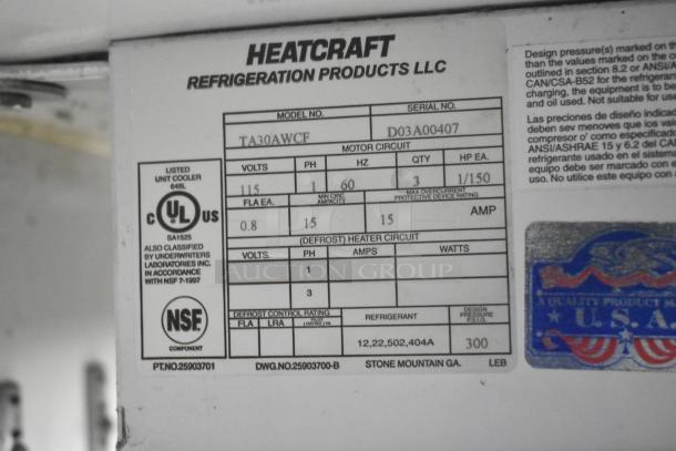 Zero Zone TA30AWCF commercial cooler label, Model TA30AWCF, 115 Volts, 1 Phase, UL & NSF certified, made in USA.