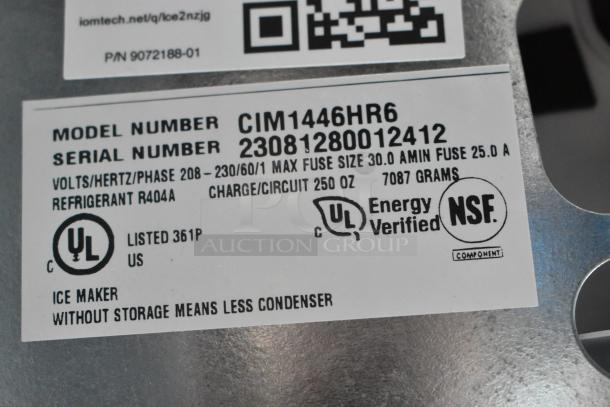 2023 Ice-O-Matic CIM1446HR6 commercial ice maker label, UL and NSF certified, 208-230V, 1 phase, R404A refrigerant.