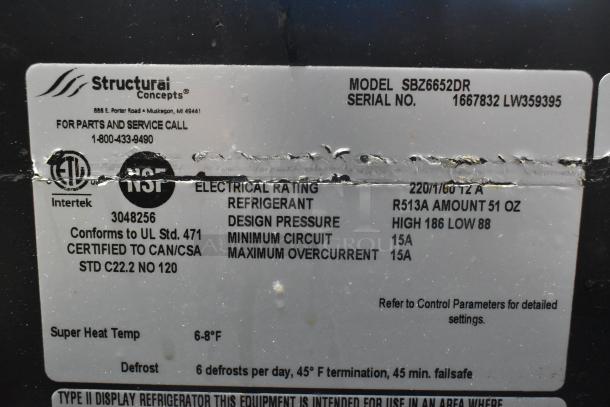 Structural Concepts SBZ6652DR label showing model, serial number, and specifications. 220V, 1 Phase, R513A refrigerant.