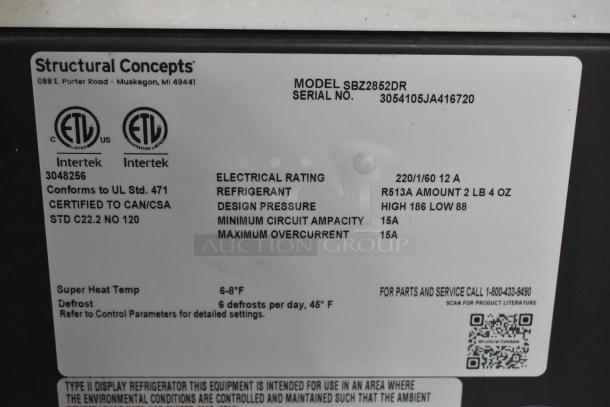Structural Concepts SBZ2852DR commercial merchandiser label showing electrical rating, refrigerant type, and certification details.