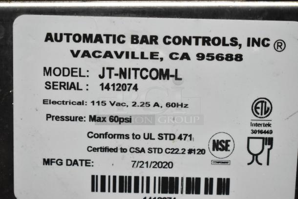 2020 Automatic Bar Controls JT-NITCOM-L cold brew nitro dispenser, stainless steel, 115 volts, certified, label details.