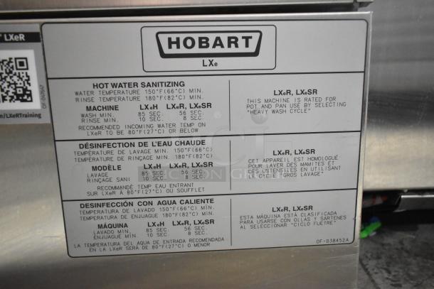 Hobart LXe stainless steel commercial undercounter dishwasher label, showing operating instructions and temperature settings.