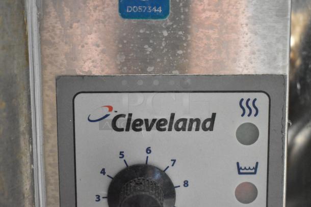 Cleveland KGL-40-T control panel, stainless steel, gas-powered, 40-gallon steam kettle, 140,000 BTU, serial D057344.