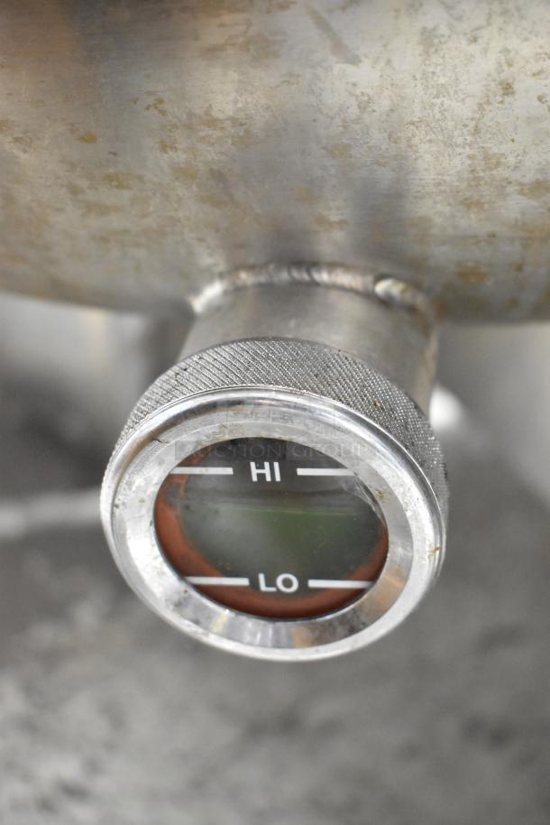 Cleveland KGL-40-T steam kettle control dial, stainless steel, shows "HI" and "LO" settings, commercial grade.