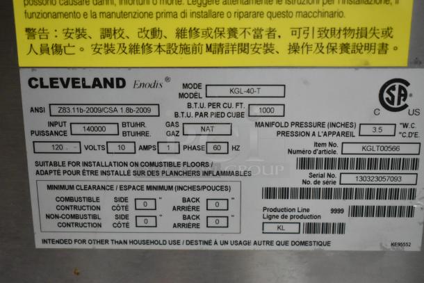 Cleveland KGL-40-T stainless steel 40-gallon steam kettle. Natural gas, 140,000 BTU, ANSI standards listed.