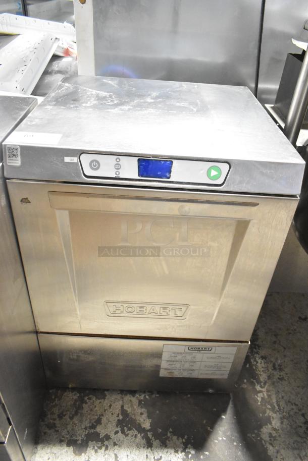 Hobart LXEH stainless steel undercounter dishwasher, 120/208-240V, 1 phase, visible control panel, and Hobart logo.
