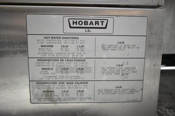 Hobart LXEH stainless steel commercial undercounter dishwasher, 120/208-240V, 1 phase, sanitizing info label visible.