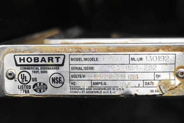 Hobart LXEH Stainless Steel Commercial Undercounter Dishwasher label, showing model, serial number, and voltage details.
