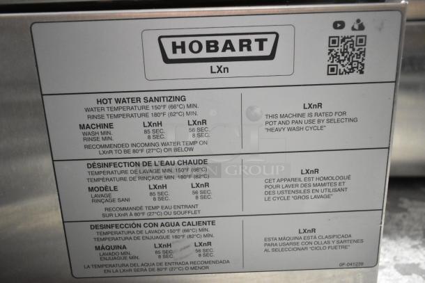 2024 Hobart LXNR Stainless Steel Commercial Undercounter Dishwasher label, detailing hot water sanitizing features.