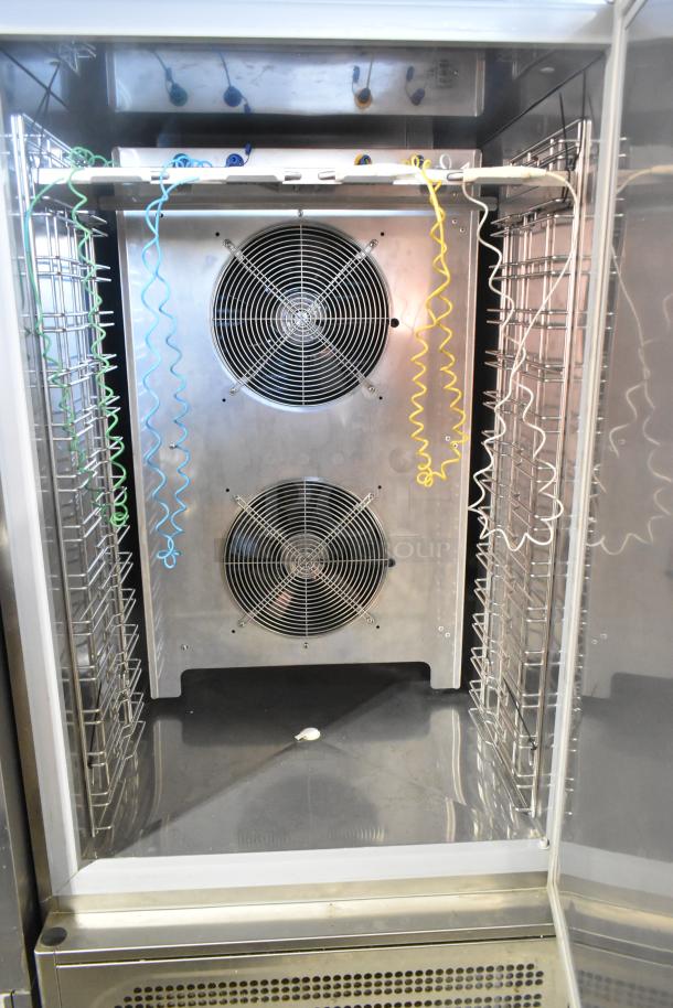 2022 Desmon GBF-15+ETL stainless steel blast chiller, 4 probes, 220V, 3 phase, interior view with fans and shelves.