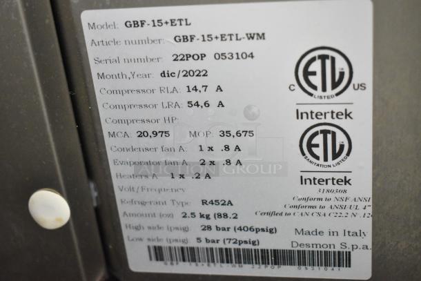 2022 Desmon GBF-15+ETL Stainless Steel Blast Chiller, 4 probes, 220V, 3 Phase. ETL listed, made in Italy, model GBF-15+ETL.