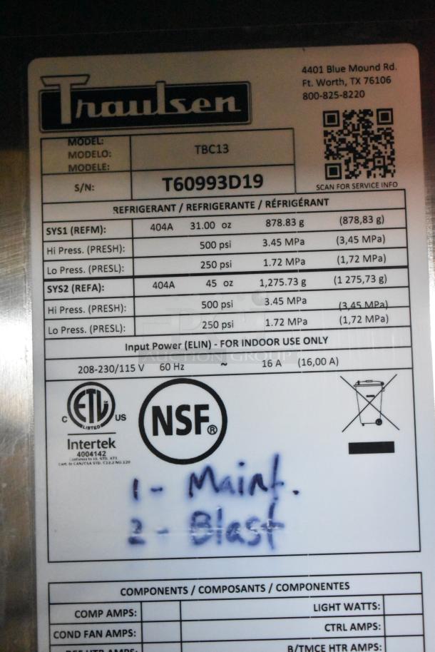2019 Traulsen TBC13 stainless steel blast chiller, single door, 3 probes, on casters. Label shows specs and serial T60993D19.