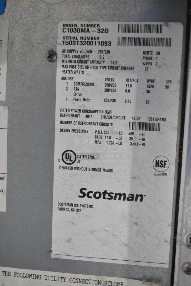 Scotsman C1030MA-32D label showing specs: 208/230V, 1 Phase, 13.2A, 404A refrigerant, UL and NSF certified.