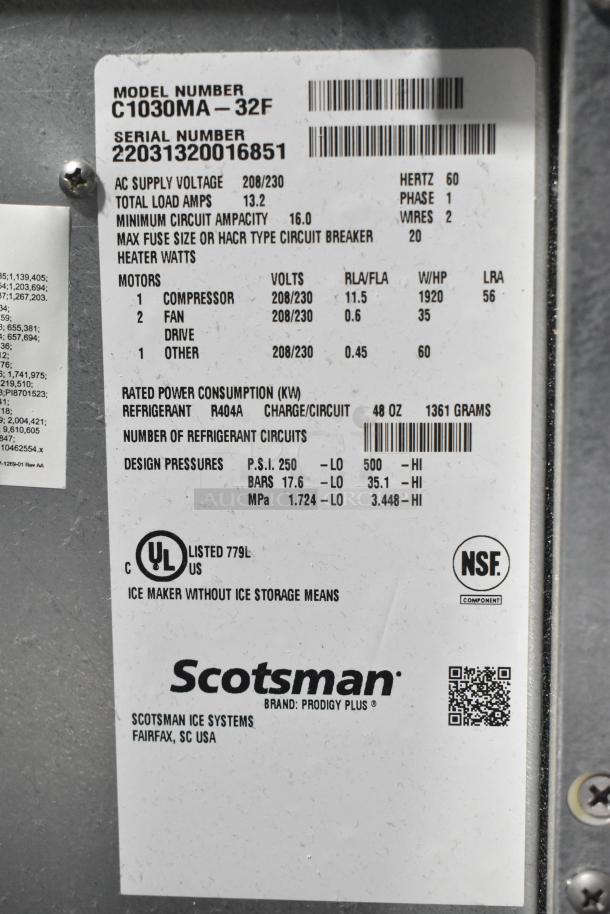 2022 Scotsman C1030MA-32F stainless steel ice machine label, 1077 lb capacity, 208/230V, 1 phase, Prodigy Elite Series.