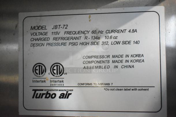 Turbo Air JBT-72 stainless steel refrigerated display table; 115V, 1 phase; commercial casters; ETL certified.