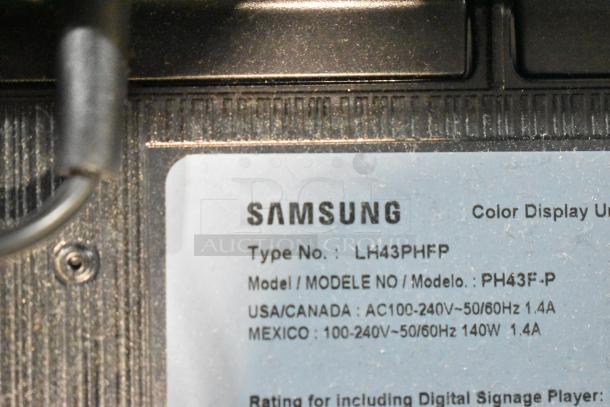 Label detail of Samsung PH43F-P 43" TV, showing model and voltage: 100-240V, 50/60Hz.