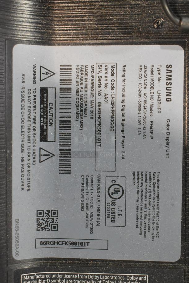 Two Samsung PH43F-P 43" TVs, UL listed, AC 100-240V, 140W, model LH43PHFPMGC/GO. Buyer pickup only.