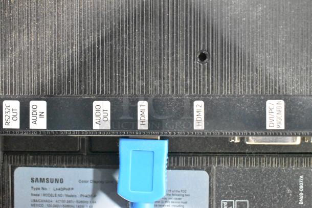 Samsung PH43F-P 43" TV ports view, including RS232C, HDMI1, HDMI2, audio I/O. Model LH43PHFP, 100-240V, used condition.