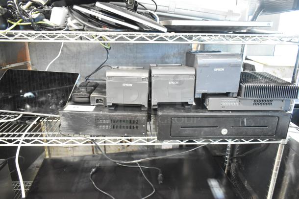 9 electronics including Toast POS monitor, 3 Epson receipt printers, 2 Toast card scanners, metal cash drawer, Episode amplifier.