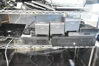 9 electronics including Toast POS monitor, 3 Epson receipt printers, 2 Toast card scanners, metal cash drawer, Episode amplifier.