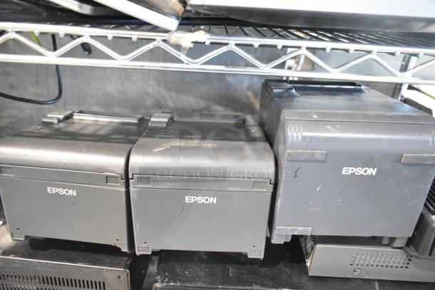 9 various items including Toast POS monitor, three Epson receipt printers, two Toast card scanners, metal cash drawer, and Episode ECA-70MIXAMP-1-60.