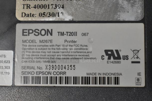 Epson TM-T20II printer label showing model M267E, serial X39D004355, compliance info, and manufacturing details.