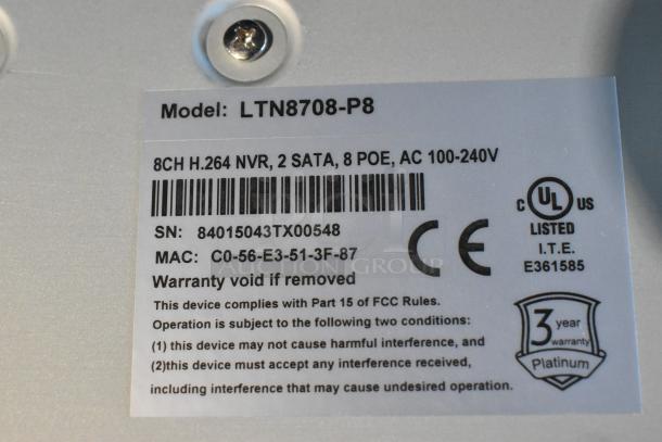 Label on device showing Model: LTN8708-P8, 8CH H.264 NVR, 2 SATA, 8 POE, AC 100-240V. Serial number, MAC address, and warranty details included.