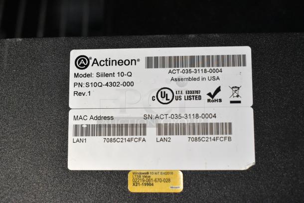 Label showing Actineon model Siiient 10-Q details, including part and serial numbers, certification marks, and MAC addresses.