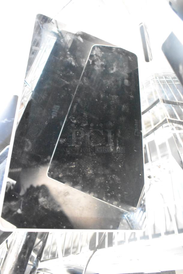 Eight assorted POS monitors, including Toast and Elo models. Visible wear and fingerprints. Includes Samsung S22D300HY.