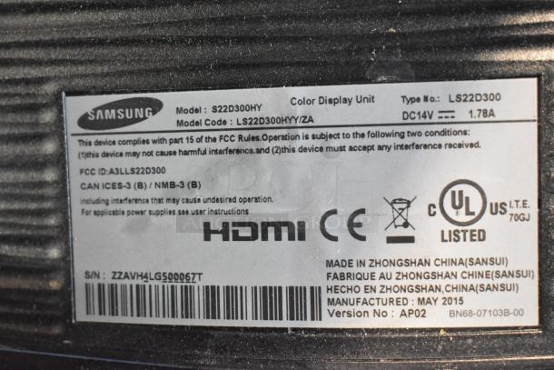 Label on Samsung S22D300HY monitor, details compliance and manufacturing info, including FCC, HDMI, and serial number.