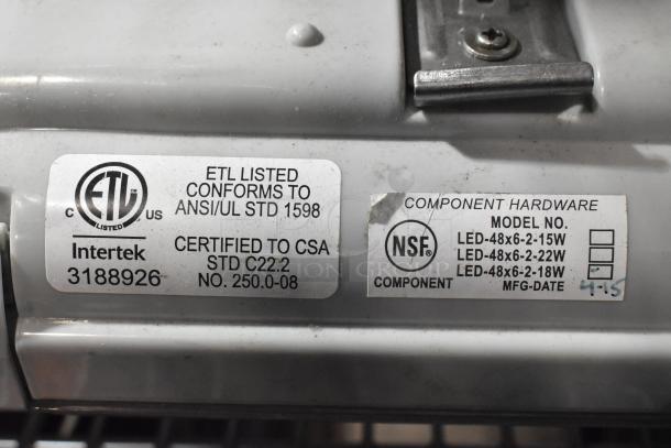 ETL and NSF certified labels on component hardware; model LED-48x6 variants listed. Includes Intertek certification.