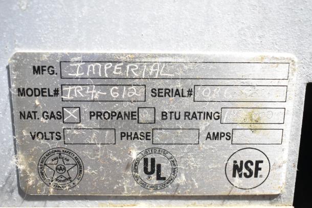 Label showing Imperial IR4-612 commercial griddle details: natural gas, serial 086313, BTU rating 125,000, NSF certified.