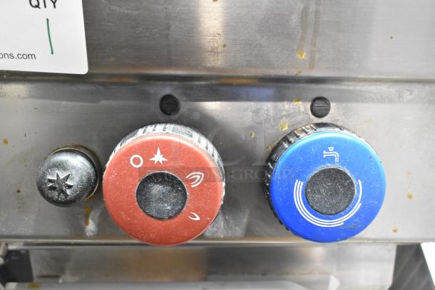 Rosito Bisani CPG1 stainless steel pasta cooker controls, featuring red and blue knobs. Natural gas powered, 80,000 BTU.