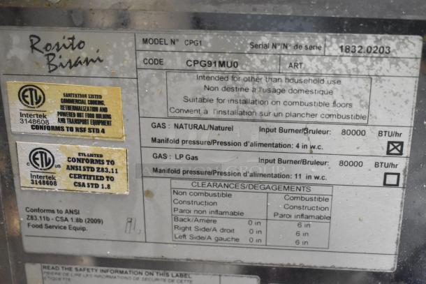 Rosito Bisani CPG1 stainless steel pasta cooker label. Features 80,000 BTU, natural gas powered, ETL certified for commercial use.