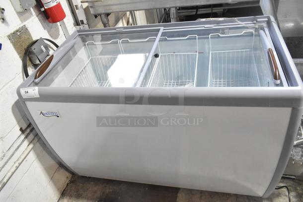 Brand new Avantco 360DFF13HCL ice cream freezer merchandiser, metal, flat top, customizable, 115V, minor scratches.