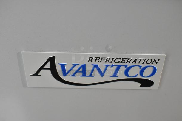 "Avantco logo on metal surface of customizable flat top display ice cream freezer model 360DFF13HCL, 115 volts, 1 phase."
