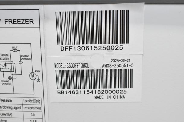 Alt text: Avantco 360DFF13HCL display ice cream freezer label. Shows barcodes, model info, and "Made in China" text.