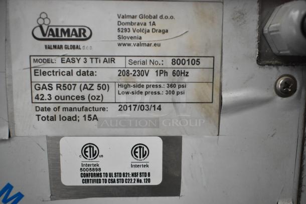 2017 Valmar EASY 3 TTi AIR SS Commercial Batch Freezer, 208-230V, 1 Phase, labels indicating specifications and certifications.