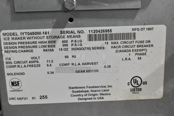 2018 Manitowoc IYT0450W-161 Stainless Steel Ice Machine tag, model IYT0450W-161, 115V, 1 Ph, 470 lb capacity.