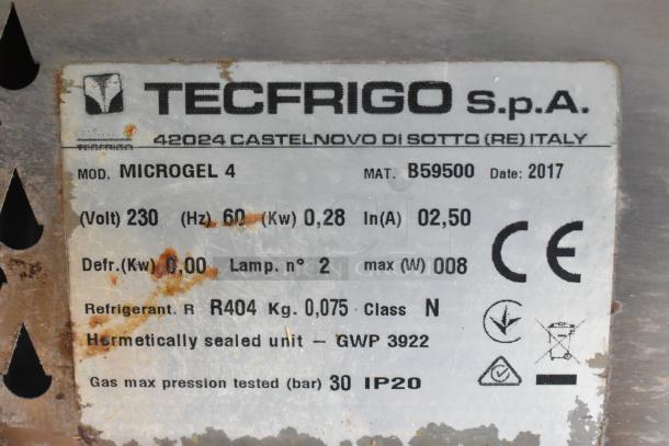 Tecfrigo Microgel 4 stainless steel gelato display tag, showing 230V, 1 Phase, Model B59500, 2017, refrigerant R404 details.