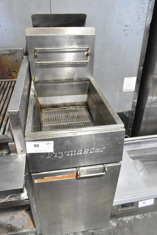 Frymaster GF40SD stainless steel commercial deep fryer, natural gas, 122,000 BTU, with basket; visible wear and label.