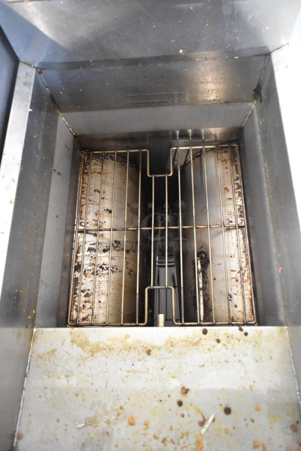 Frymaster GF40SD stainless steel natural gas fryer showing interior, used condition, 122,000 BTU, Model: GF40SD.