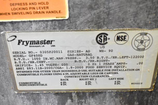 Frymaster GF40SD deep fryer label, showing model number, 122,000 BTU capacity, NSF certified, natural gas use.