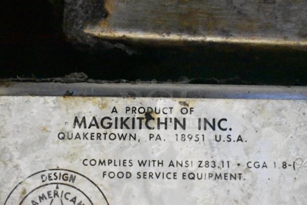 MagiKitch'n FM RMB 36 charbroiler grill label showing compliance with ANSI Z83.11 for food service equipment.