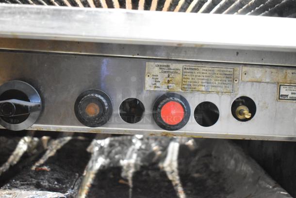MagiKitch'n FM RMB 36 stainless steel charbroiler control panel with natural gas settings. Warning label visible.
