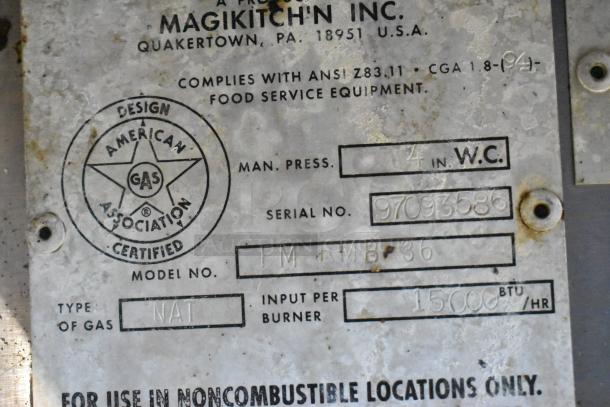 Metal label for MagiKitch'n FM RMB 36 charbroiler. Serial No: 97093586, uses natural gas, 15,000 BTU/hr per burner.